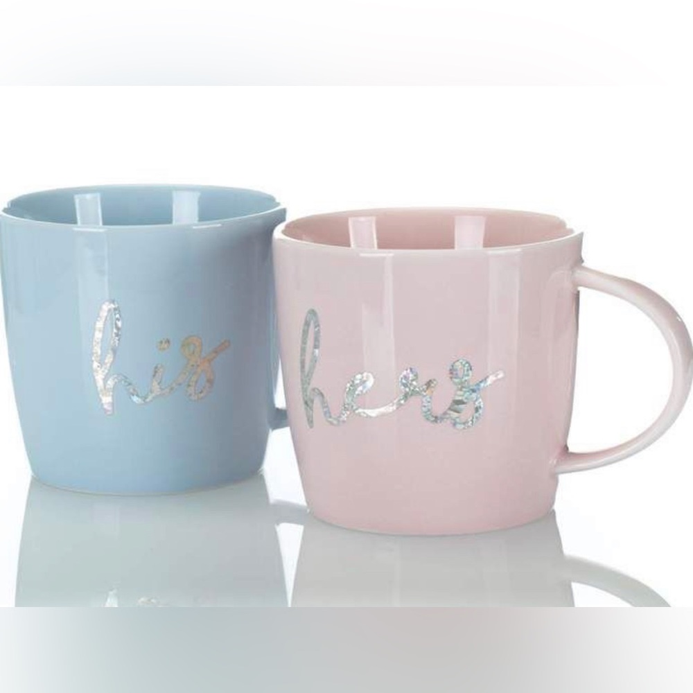Slant “his” & “hers” mugs with metallic silver lettering-set if 2 14oz mugs-NWT